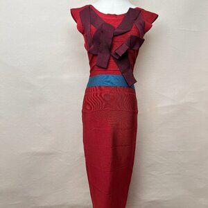 Herve Leger Red & Blue Bandage Bodycon midi Dress with Crisscross Detail, Size X